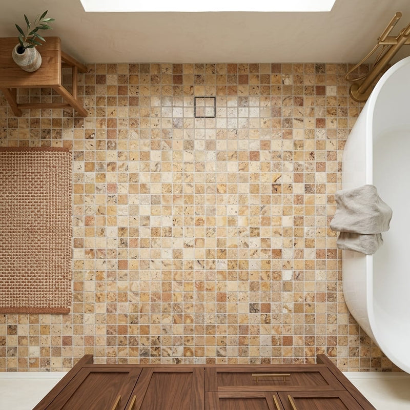 Scabos Travertine 5/8x5/8 Polished Travertine Mosaic — Bathroom floor