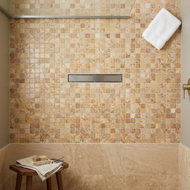 Scabos Travertine 5/8x5/8 Polished Travertine Mosaic — Bathroom shower floor