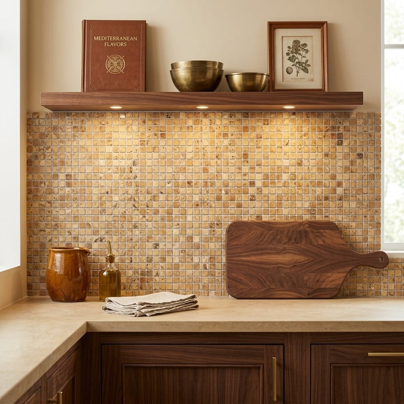 Scabos Travertine 5/8x5/8 Polished Travertine Mosaic — Kitchen backsplash