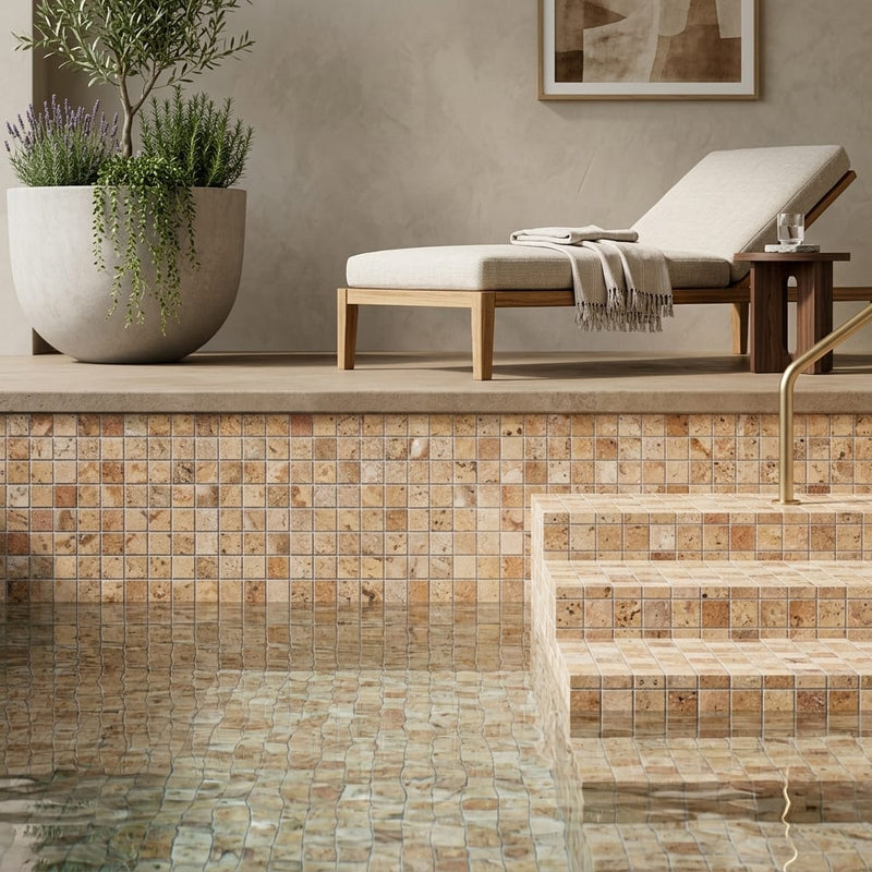 Scabos Travertine 5/8x5/8 Polished Travertine Mosaic — Swimming Pool pool interior tiling
