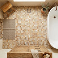 Scabos Travertine 5/8x5/8 Tumbled Travertine Mosaic — Bathroom floor
