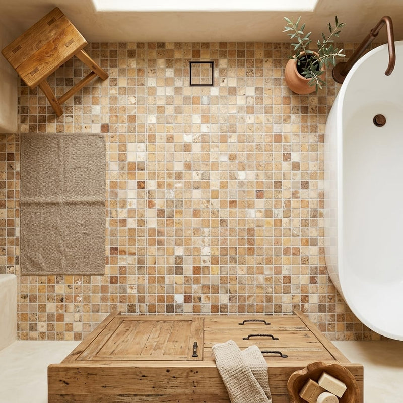 Scabos Travertine 5/8x5/8 Tumbled Travertine Mosaic — Bathroom floor