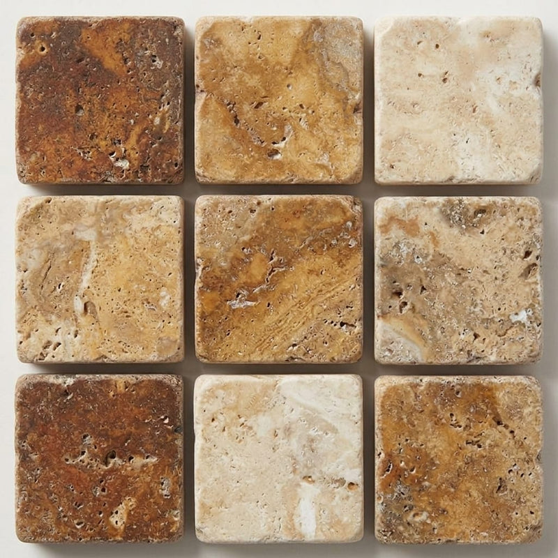 Scabos Travertine 5/8x5/8 Tumbled Travertine Mosaic close-up