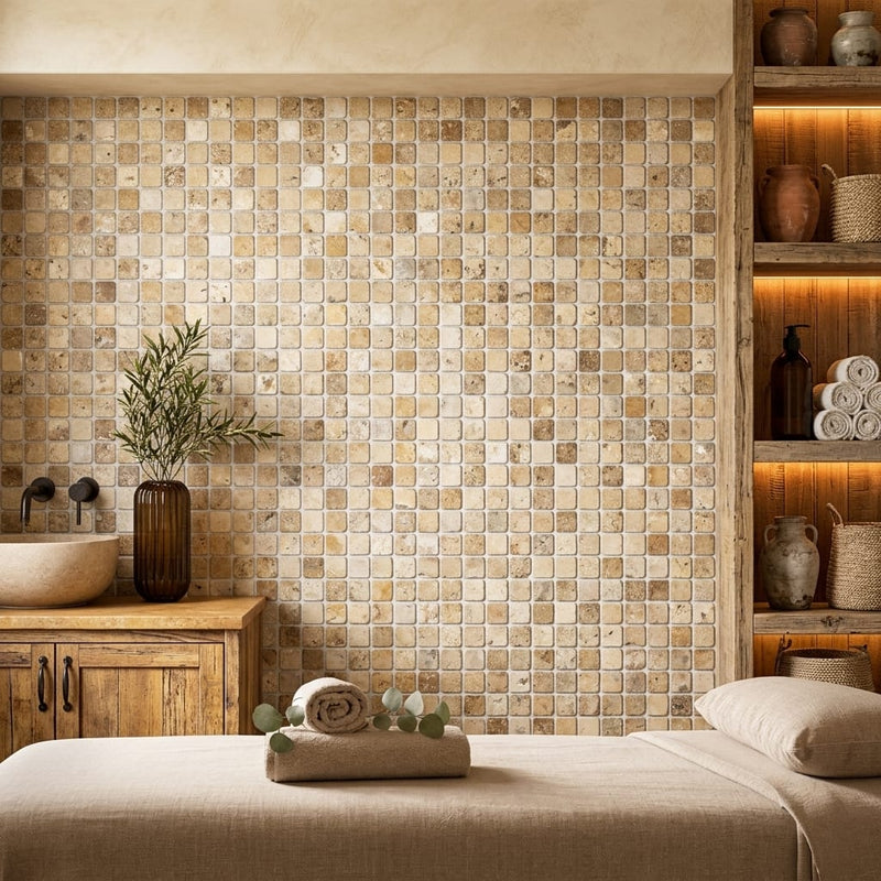 Scabos Travertine 5/8x5/8 Tumbled Travertine Mosaic — Spa spa interior