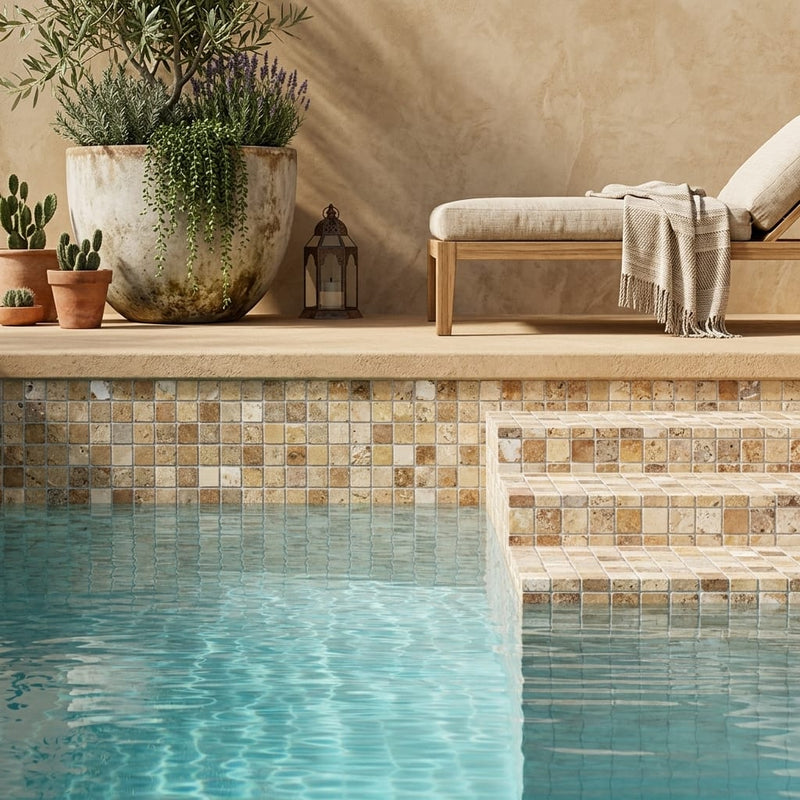 Scabos Travertine 5/8x5/8 Tumbled Travertine Mosaic — Swimming Pool pool interior tiling
