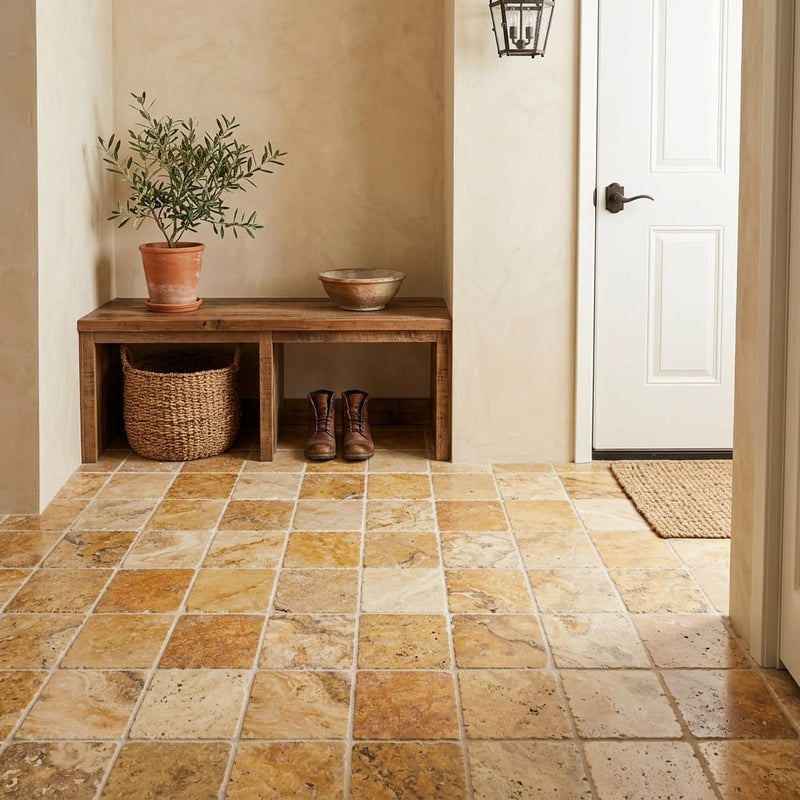 Scabos Travertine 6x6 Tumbled Travertine Tile — Mudroom floor