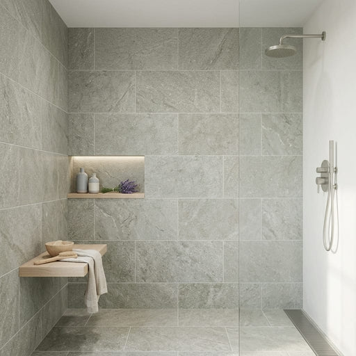 Seagrass 18x36 Flamed/Brushed Limestone Tile — Bathroom shower wall