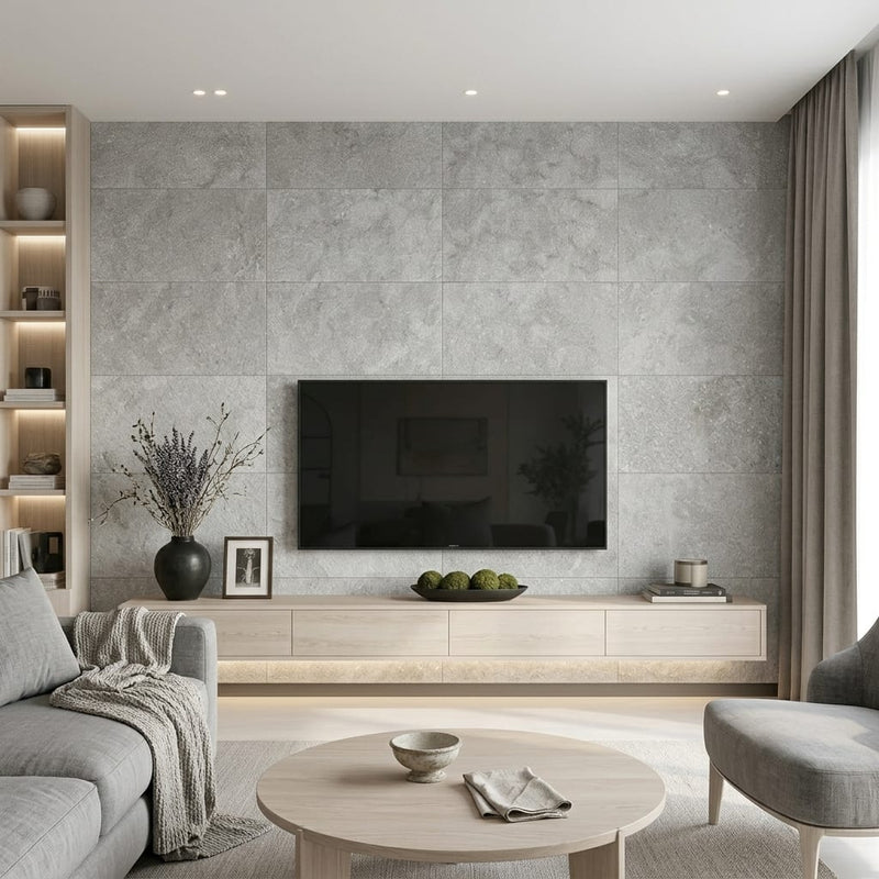 Seagrass 18x36 Flamed/Brushed Limestone Tile — Living Room feature wall