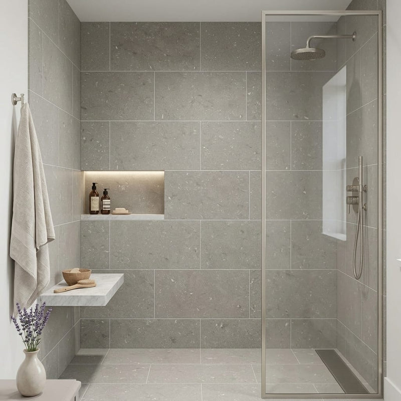 Seagrass 18x36 Honed Limestone Tile — Bathroom shower wall