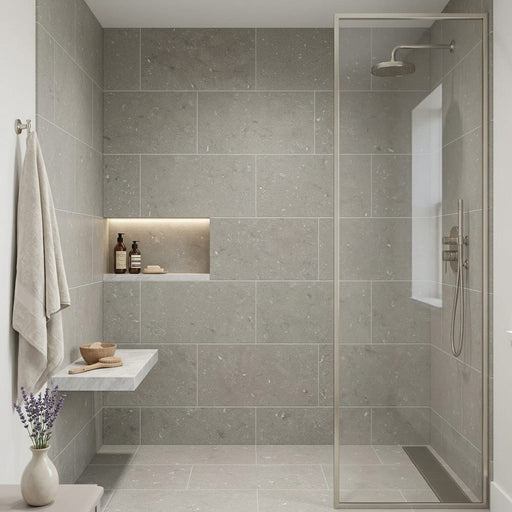 Seagrass 18x36 Honed Limestone Tile — Bathroom shower wall