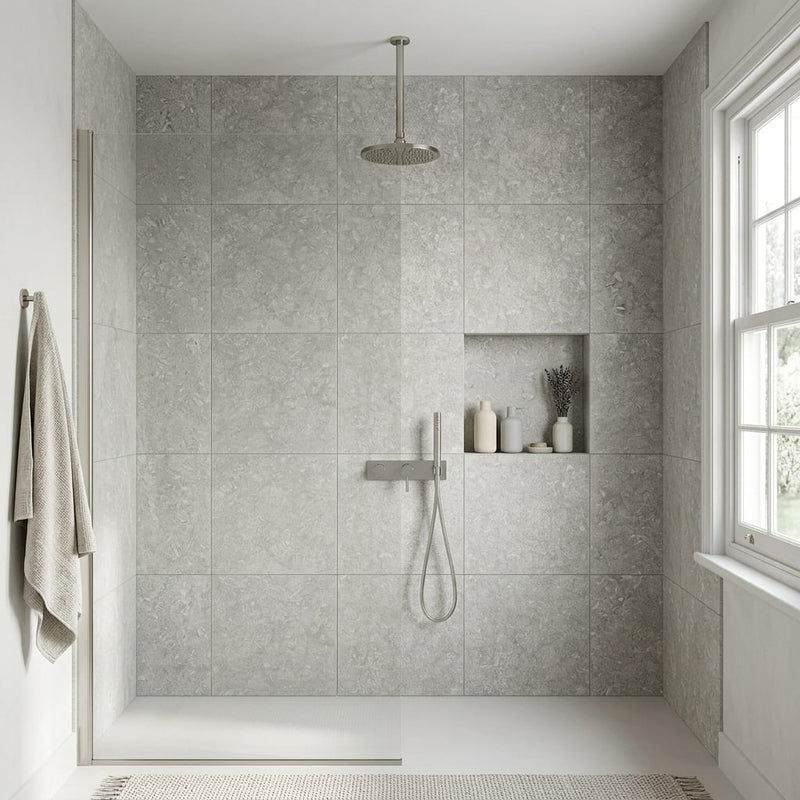 Seagrass 24x24 Flamed/Brushed Limestone Tile — Bathroom shower wall