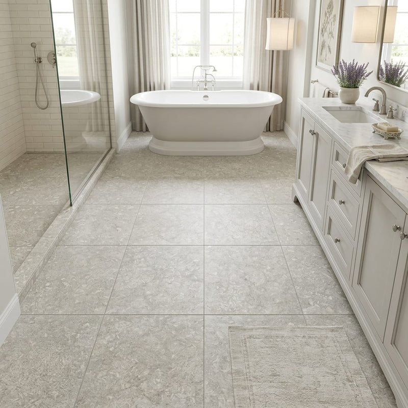Seagrass 24x24 Flamed/Brushed Limestone Tile — Primary Bath floor