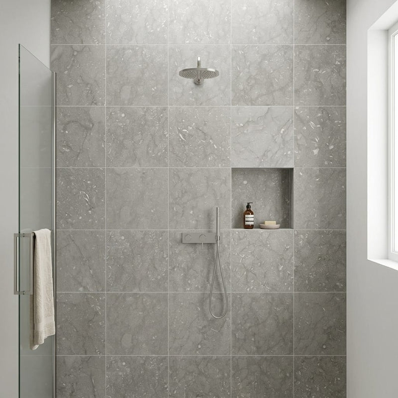 Seagrass 24x24 Honed Limestone Tile — Bathroom shower wall
