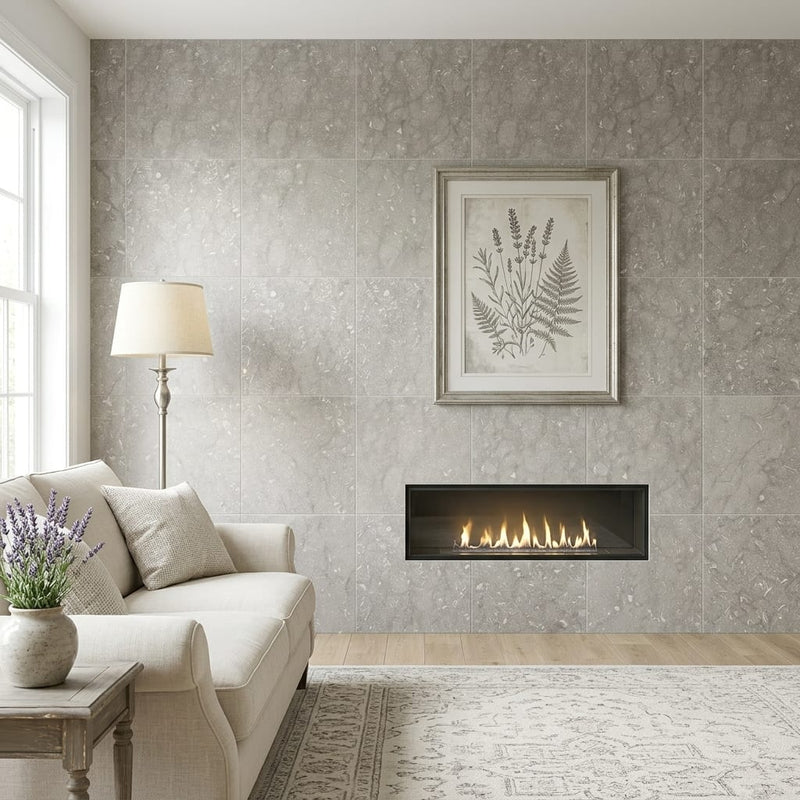 Seagrass 24x24 Honed Limestone Tile — Living Room feature wall
