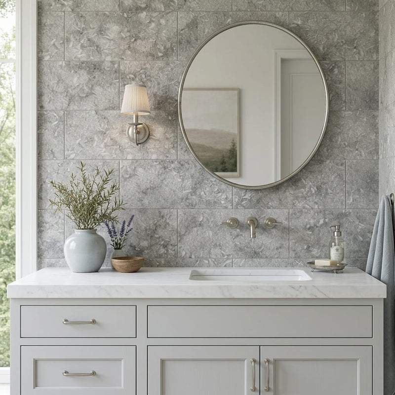 Seagrass Limestone Tile 12x24 Flamed — Bathroom vanity wall