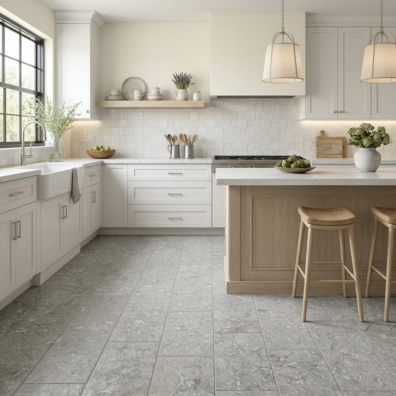 Seagrass Limestone Tile 12x24 Flamed — Kitchen floor