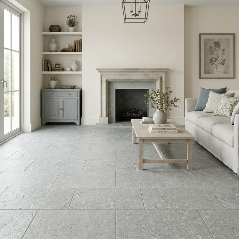 Seagrass Limestone Tile 12x24 Flamed — Living Room floor