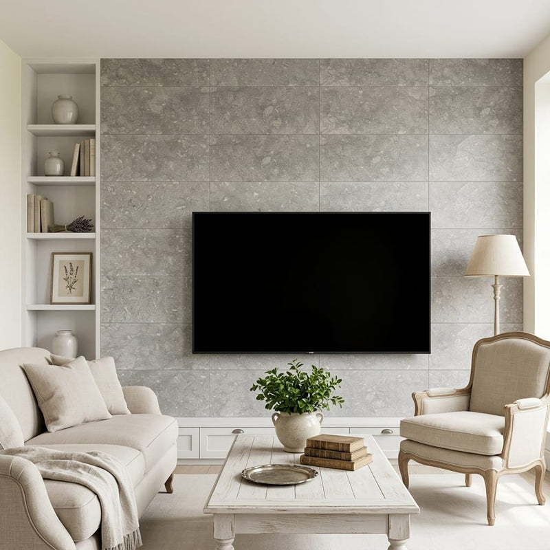 Seagrass Limestone Tile 12x24 Honed — Living Room feature wall