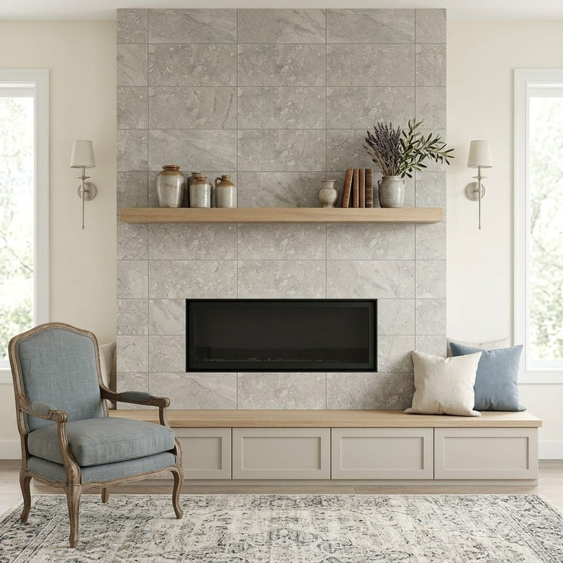 Seagrass Limestone Tile 12x24 Honed — Living Room fireplace surround