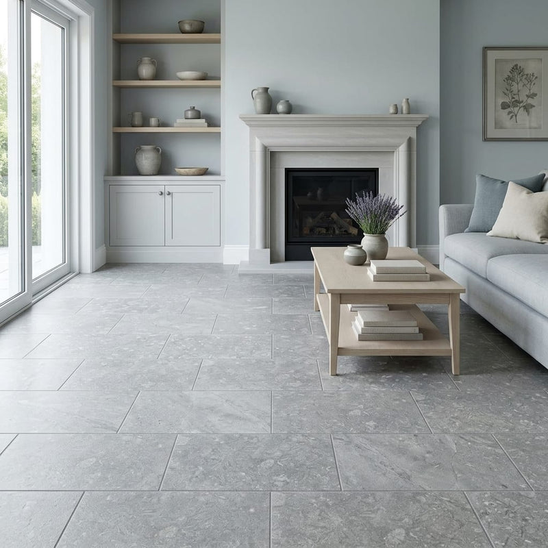 Seagrass Limestone Tile 12x24 Honed — Living Room floor