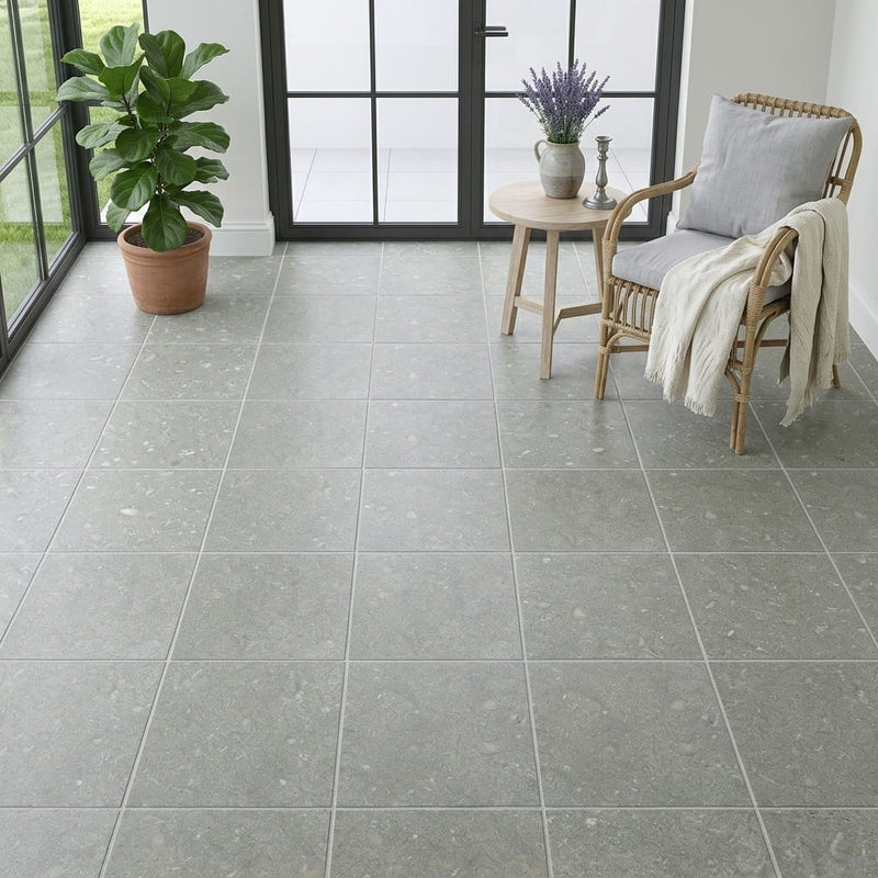 Seagrass Limestone Tile 16x16 Honed — Sunroom floor