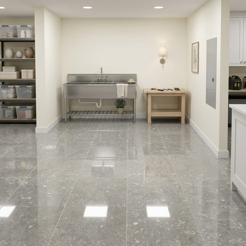Seagrass Polished 12x12 Limestone Tile — Basement floor
