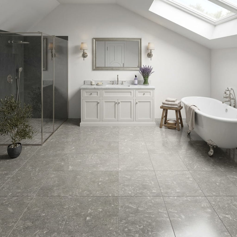 Seagrass Polished 12x12 Limestone Tile — Bathroom floor