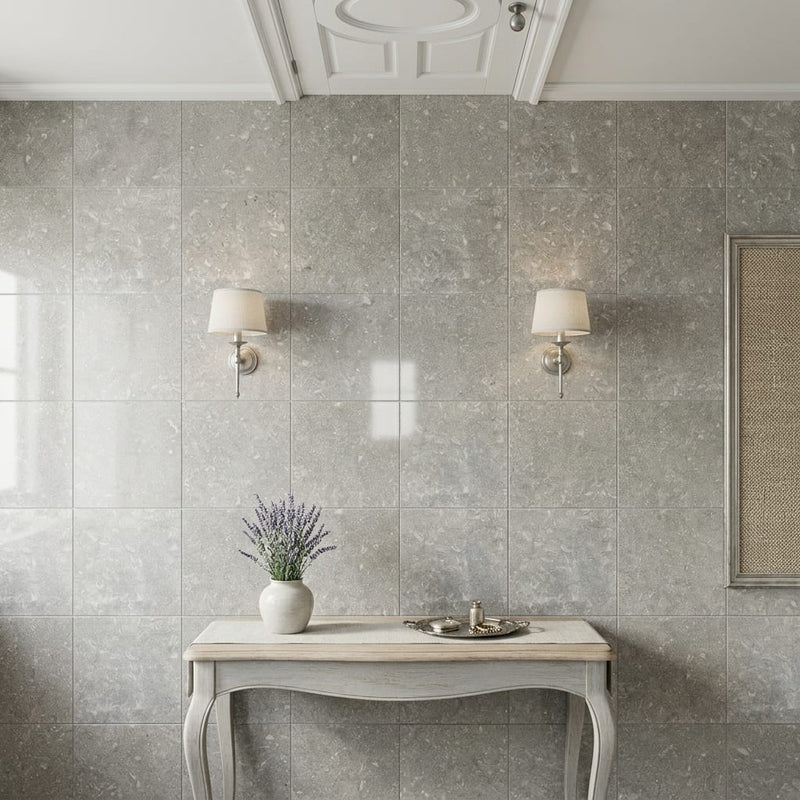 Seagrass Polished 12x12 Limestone Tile — Hallway floor