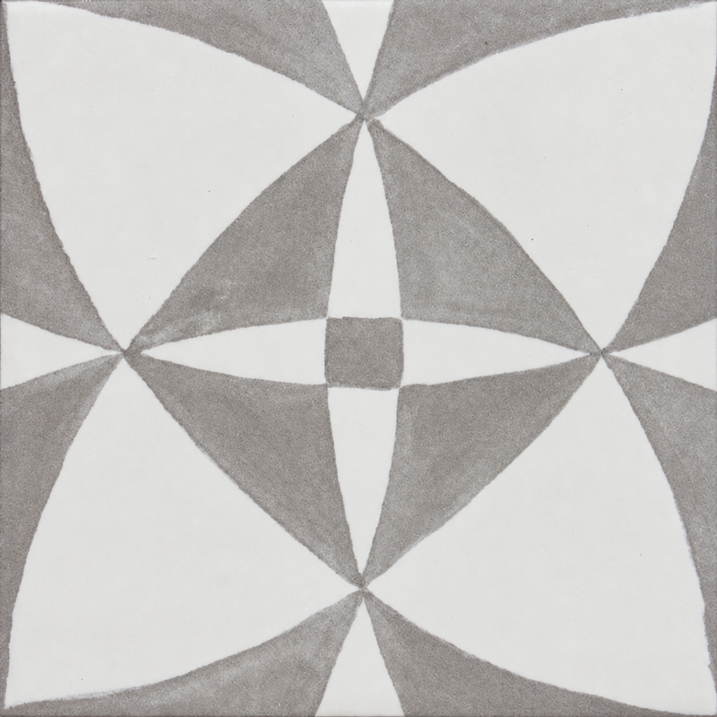 Seasons Grey #2 6x6 glazed porcelain pool tile with a grey and off-white geometric petal pattern.