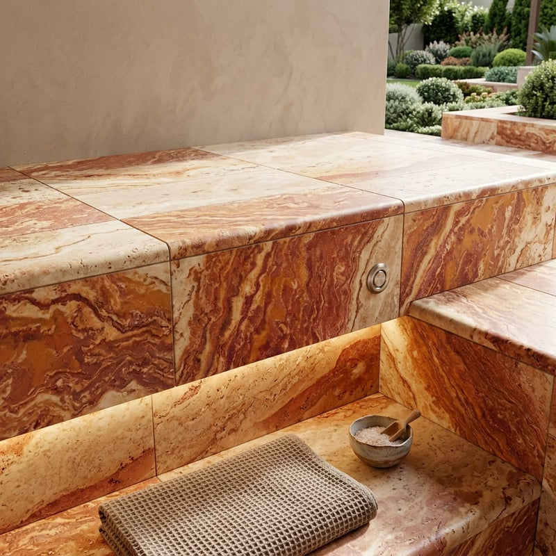 Sedona Fantastico 12x24 Unfilled & Honed Straight Travertine Single Bullnose Pool Coping — Spa spa overhang edge