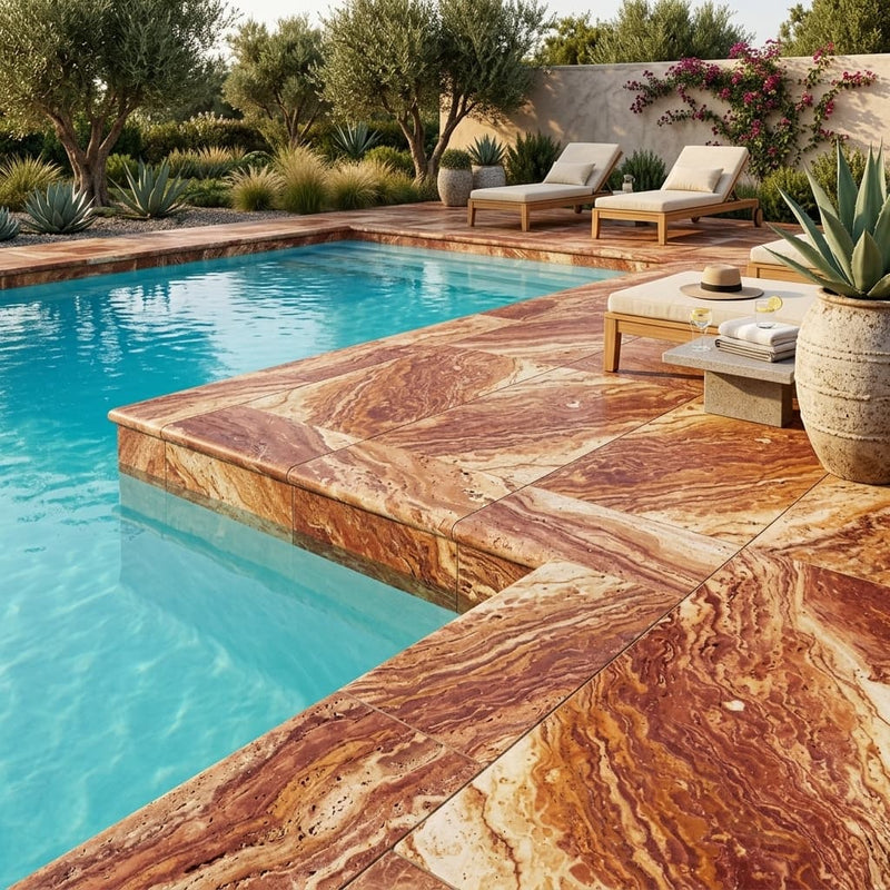 Sedona Fantastico 12x24 Unfilled & Honed Straight Travertine Single Bullnose Pool Coping — Swimming Pool pool edge drop-face coping