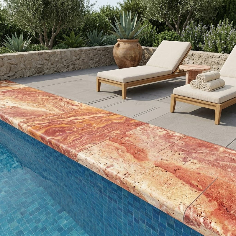 Sedona Fantastico 12x24 Unfilled & Honed Straight Travertine Single Bullnose Pool Coping — Swimming Pool remodel pool edge