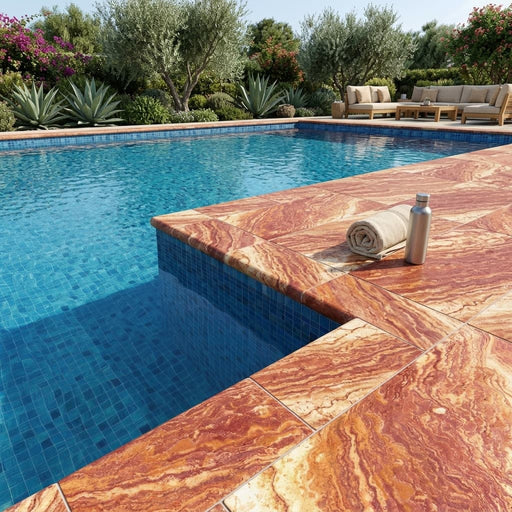 Sedona Fantastico Travertine Coping 12x24 Tumbled Bullnose 1.25 inch pool coping — Swimming Pool pool edge drop-face coping