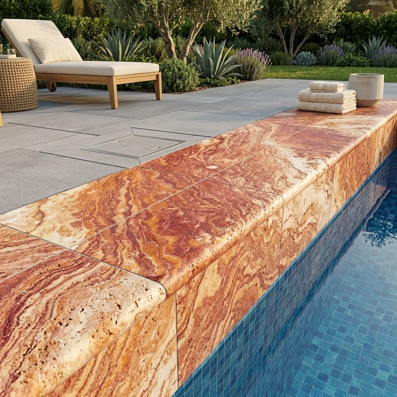 Sedona Fantastico Travertine Coping 12x24 Tumbled Bullnose 1.25 inch pool coping — Swimming Pool remodel pool edge