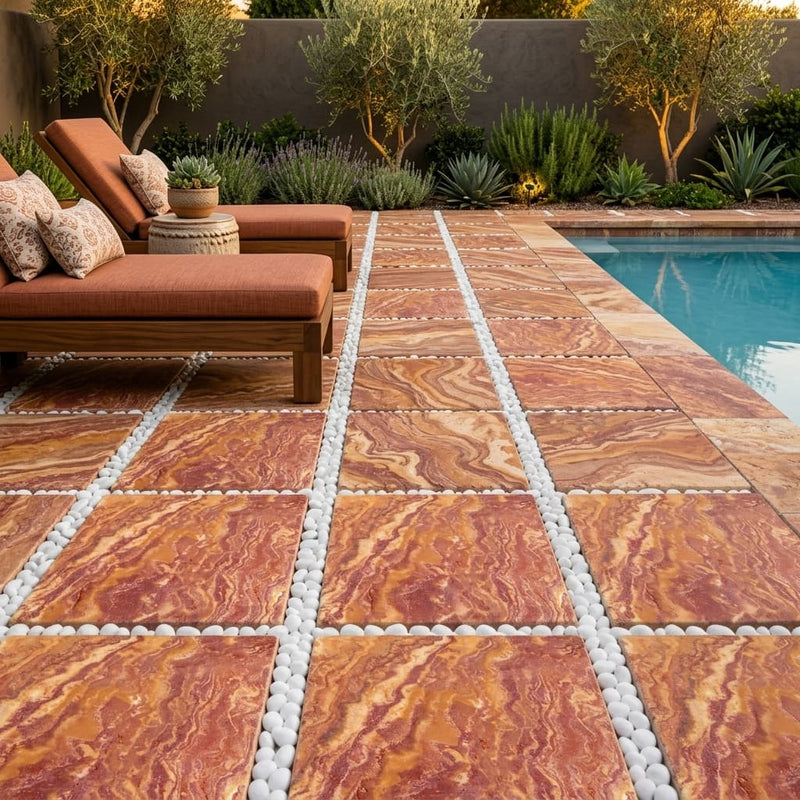 Sedona Paver Travertine Fantastico Tumbled 16x16 1.25 In — Backyard pool deck