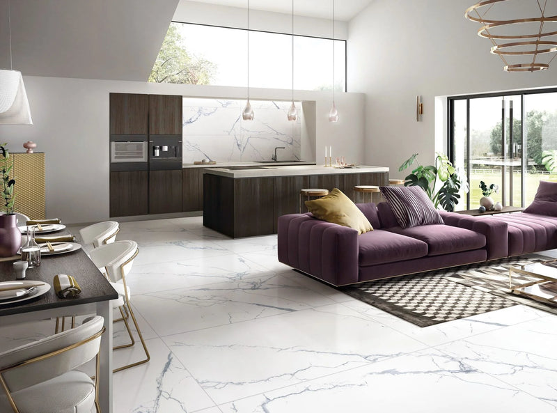 Select White Carrara Gray 12x24 Polished Marble Look Porcelain Tile