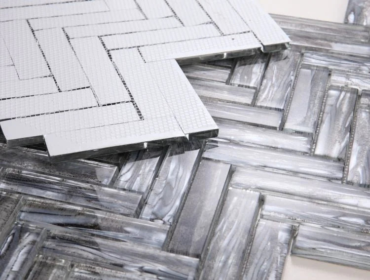 Shell Silver Herringbone Glass Mosaic Tile