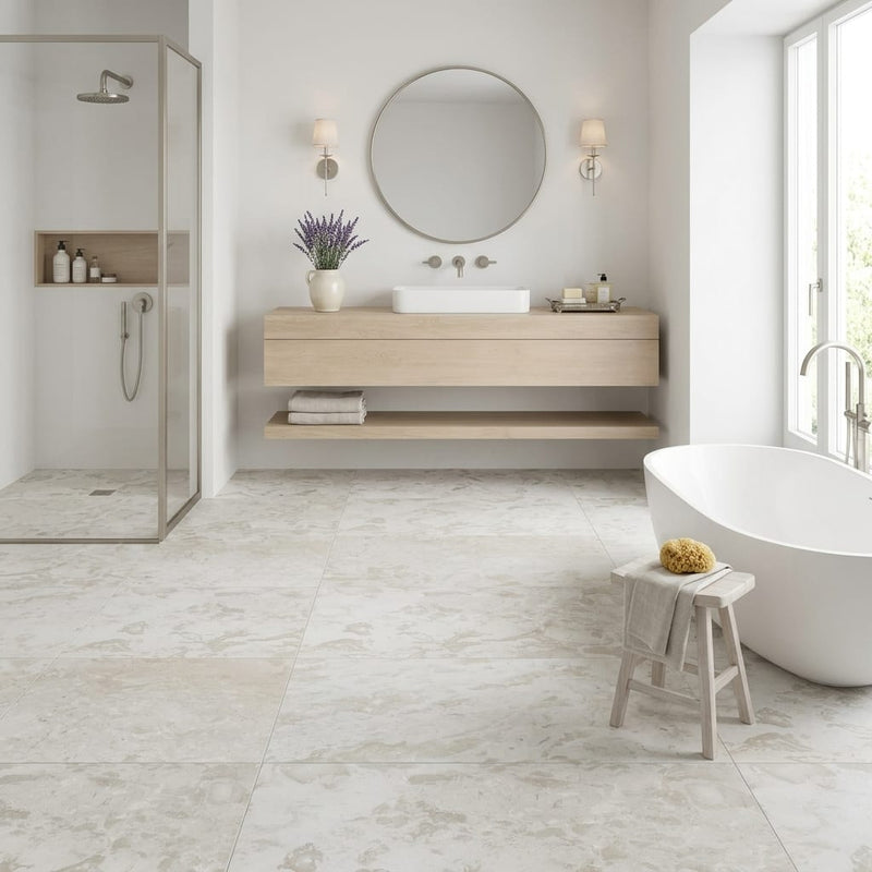 Shell Stone Limestone Tile 18x36 Brushed — Bathroom floor