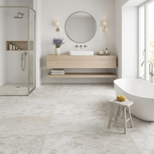 Shell Stone Limestone Tile 18x36 Brushed — Bathroom floor