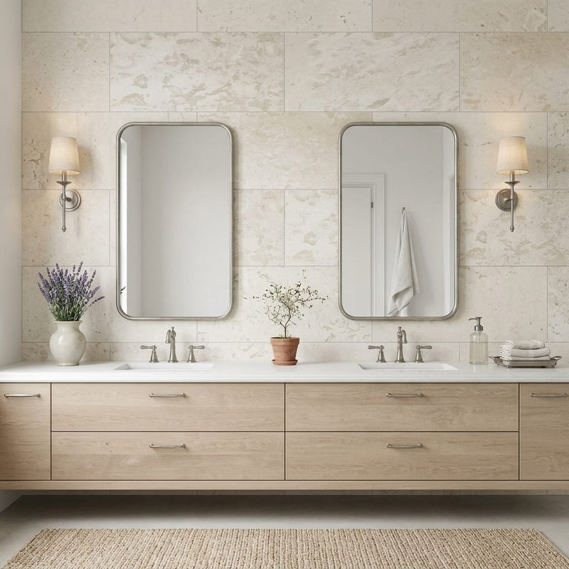 Shell Stone Limestone Tile 18x36 Brushed — Bathroom vanity wall