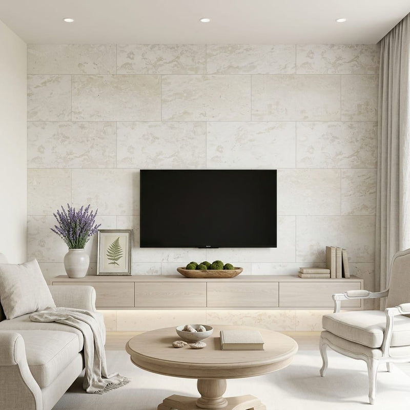 Shell Stone Limestone Tile 18x36 Brushed — Living Room feature wall