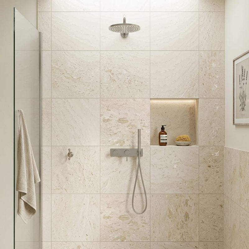 Shell Stone Limestone Tile 24x24 Brushed — Bathroom shower wall