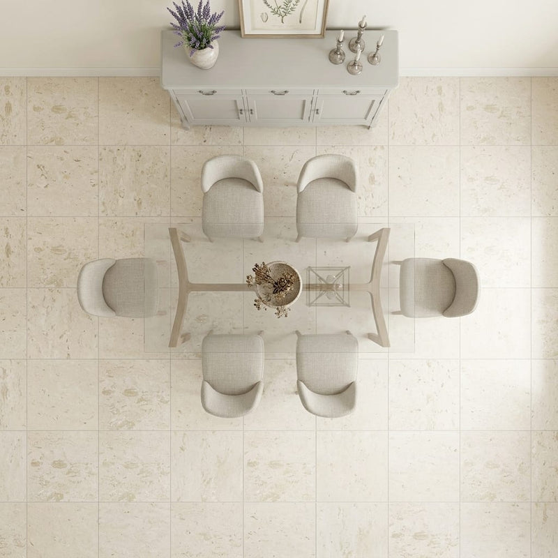 Shell Stone Limestone Tile 24x24 Brushed — Dining Room floor