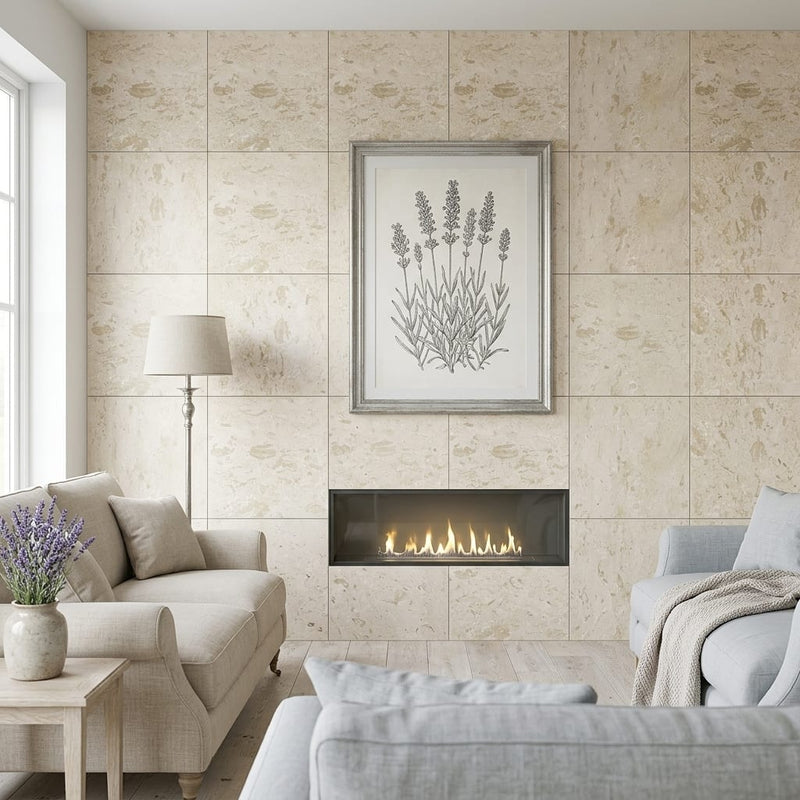 Shell Stone Limestone Tile 24x24 Brushed — Living Room feature wall