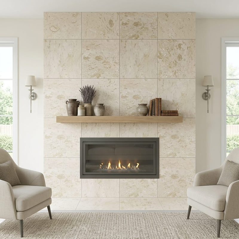 Shell Stone Limestone Tile 24x24 Brushed — Living Room fireplace surround