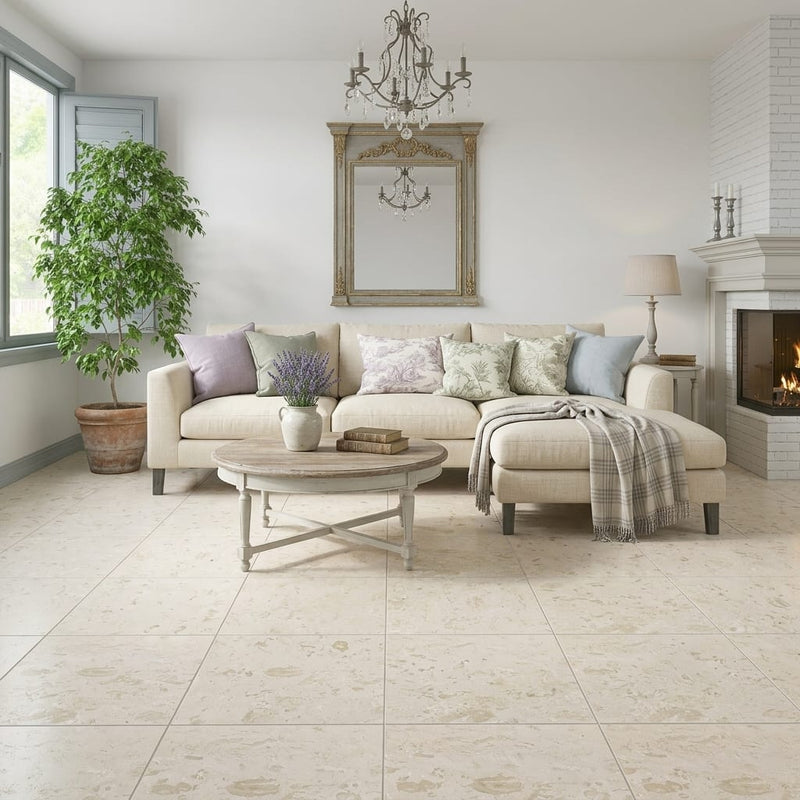 Shell Stone Limestone Tile 24x24 Brushed — Living Room floor
