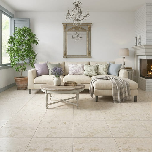 Shell Stone Limestone Tile 24x24 Brushed — Living Room floor