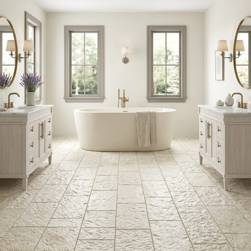 Shell Stone Limestone Veneer 12x24 Splitface tile — Bathroom floor