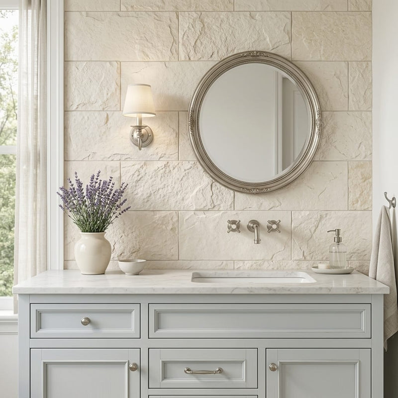 Shell Stone Limestone Veneer 12x24 Splitface tile — Bathroom vanity wall