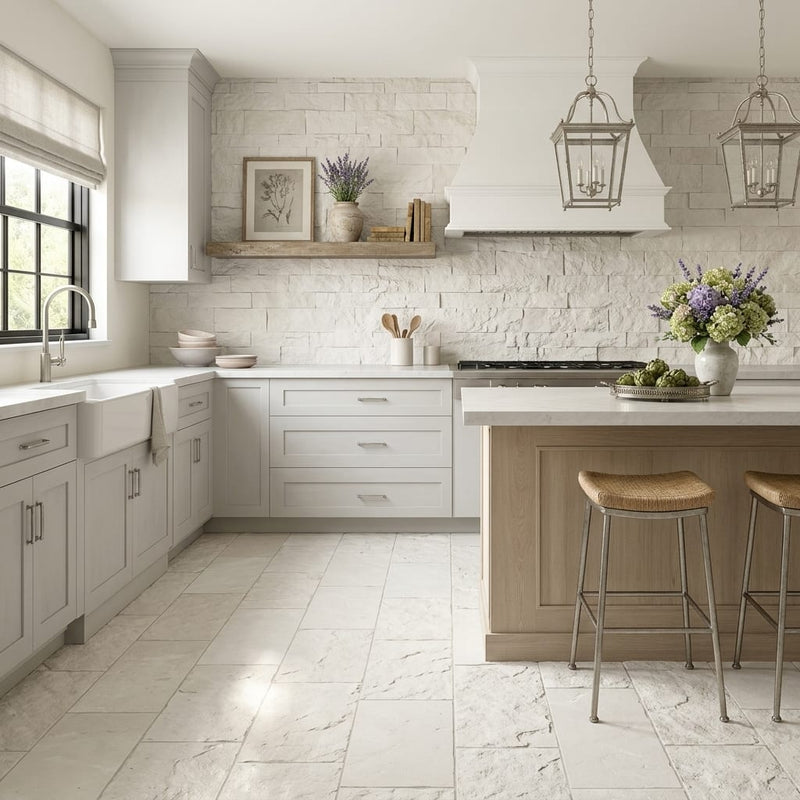 Shell Stone Limestone Veneer 12x24 Splitface tile — Kitchen floor